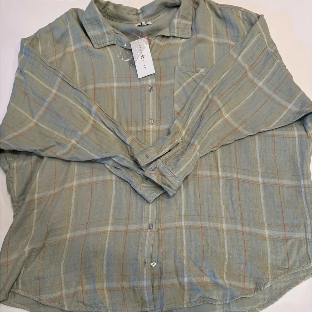 NWT 3x plus Cotton light Flannel button front -sage green w/orange and white - Picture 1 of 4